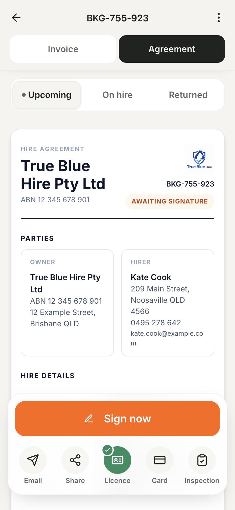 Signd agreement with the customer details, signing action and license, card and inspection tools.