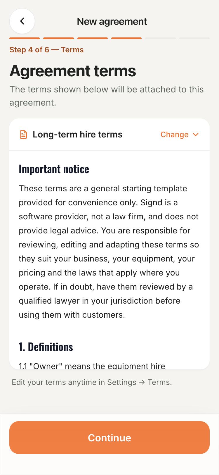 Selecting terms for a Signd hire agreement