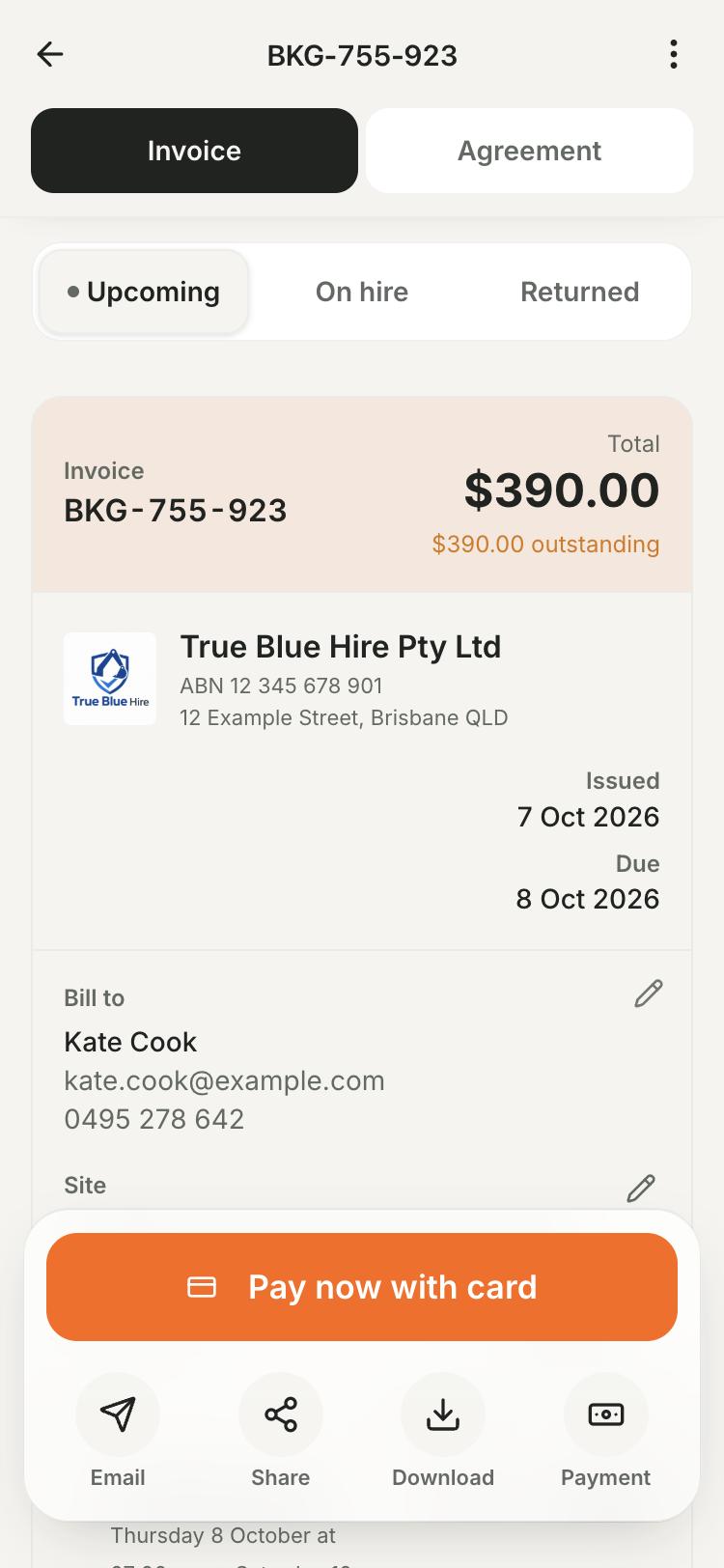A Signd booking invoice with the Pay now button