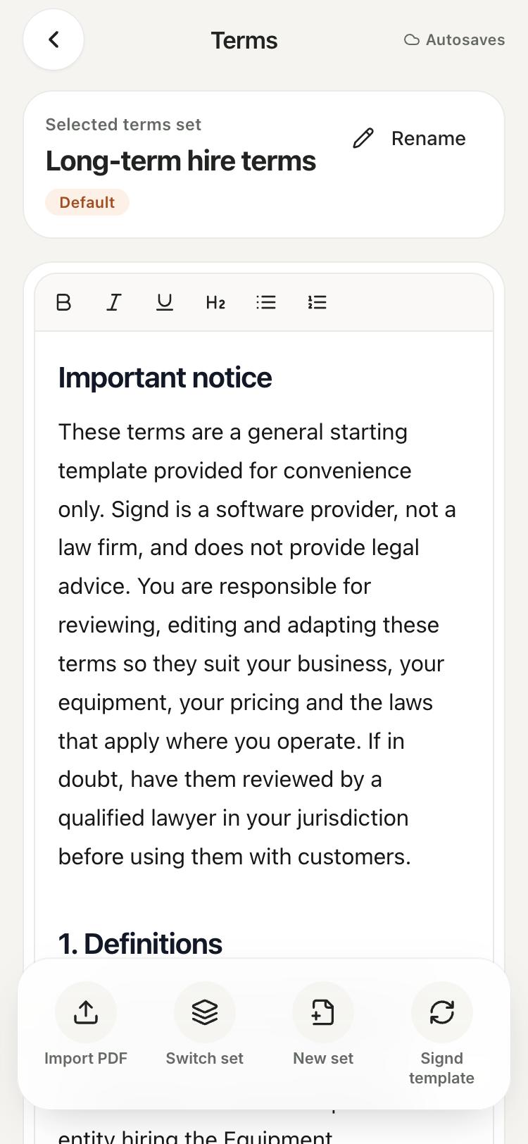 Signd terms editor on a phone, with formatting controls and buttons for the starting template, terms sets and PDF import.